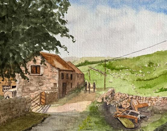 Countryside scene with stone buildings and a tree in leaf to the left, a lane in the centre and green hills in the background, right.