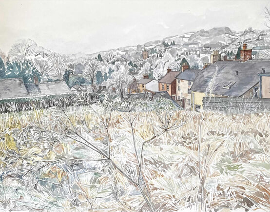 Snowy countryside/townscape in Derbyshire, field in the foreground, houses and sky top third