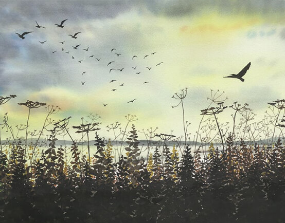 Birds in silhouette flying over a stormy and sunny sky, plants in silhouette in the foreground