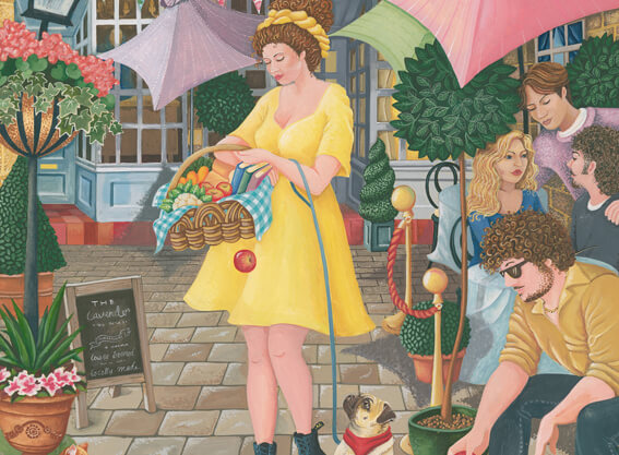 Painting of woman in a yellow dress, holding a basket of fruit and vegetables