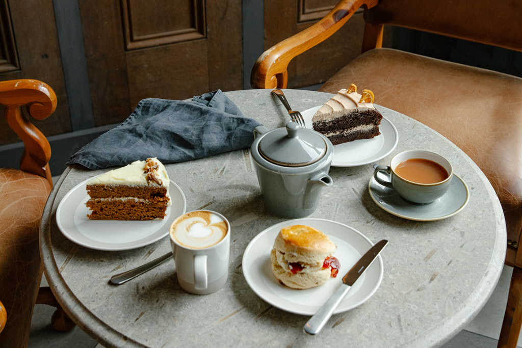 Afternoon tea and cake on a table