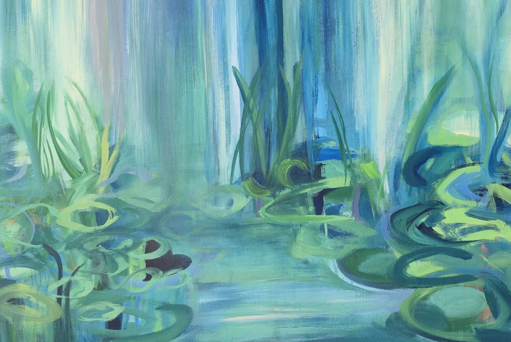 Nature-inspired painting by Molly Christadoulou. Blues, greens and lilacs
