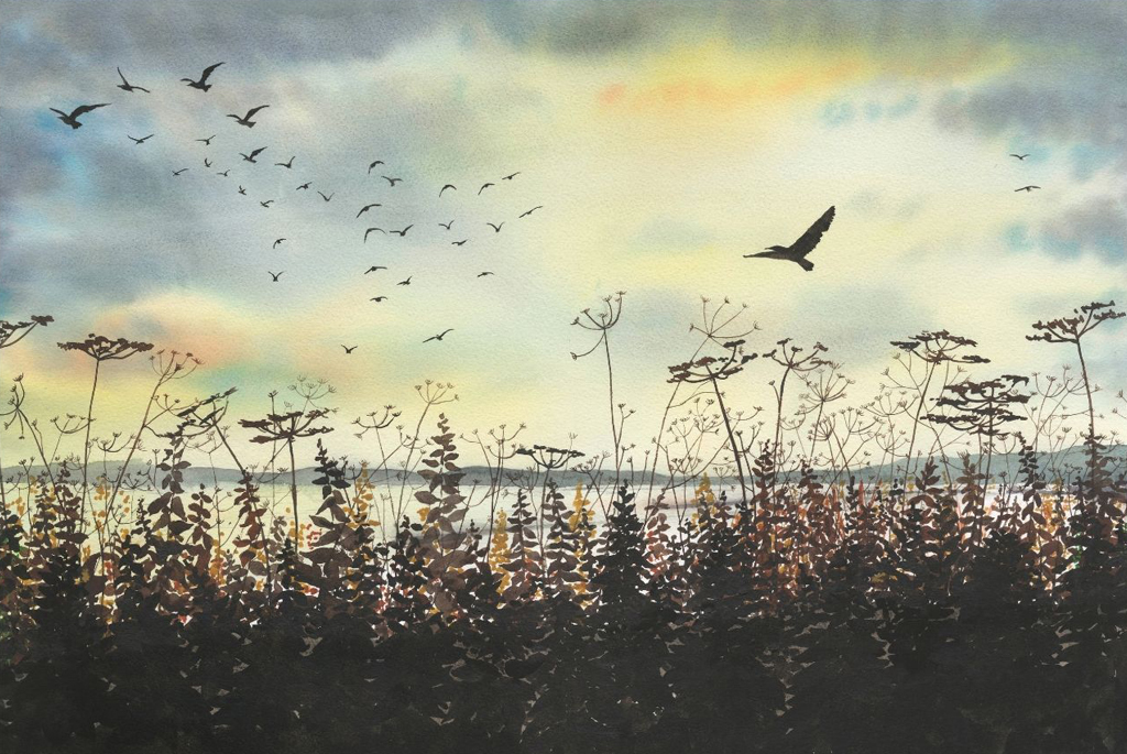 Watercolour painting of sky, grasses and birds in flight