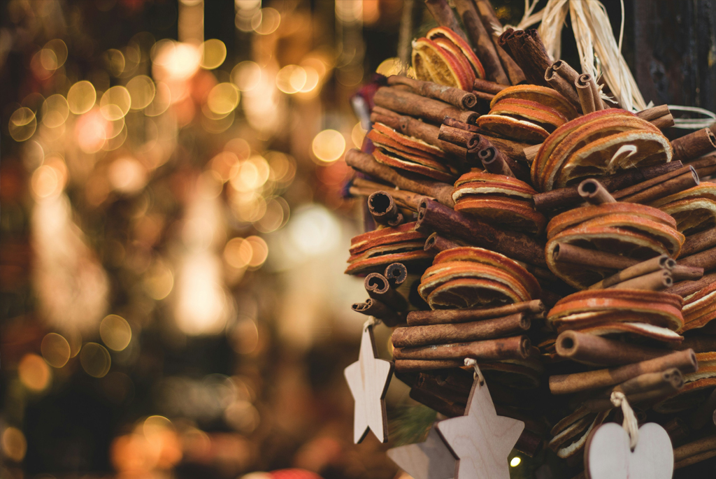 Traditional Christmas fruit decorations and festive lights